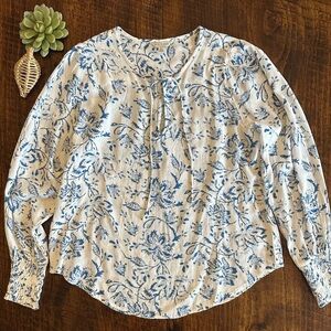 Lucky Brand | Floral Boho Peasant Blouse with Smocking at Cuffs & Tie Neckline